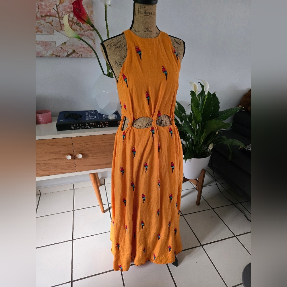 FARM Rio Orange Dress with Parrot Details